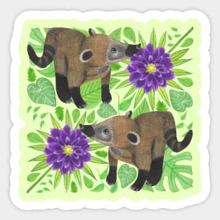 Coatimundi with Palm Leaves Philodendron Gloriosum Leaves and Purple Dahlias Sticker